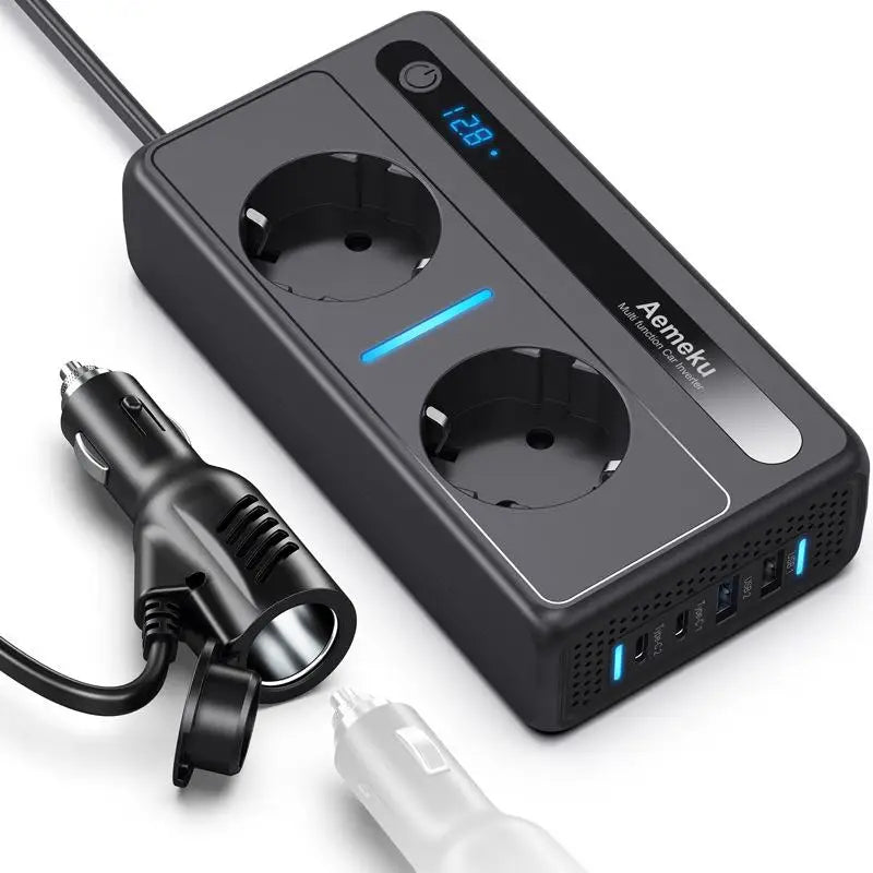 300W Car Inverter 12V to 220V European Standard Multi-Functional Digital Display With 2 AC Sockets, 2 USB Ports, 2 Type-C PD Ports
