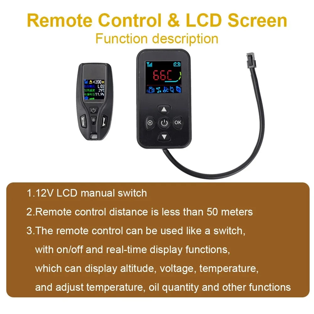 12V 6KW Diesel Heater One/Two-Way Remote Control LCD Switch Parking Heater Brushless Water Pump Diesel Heating for Car Van Trucks Engine Preheating