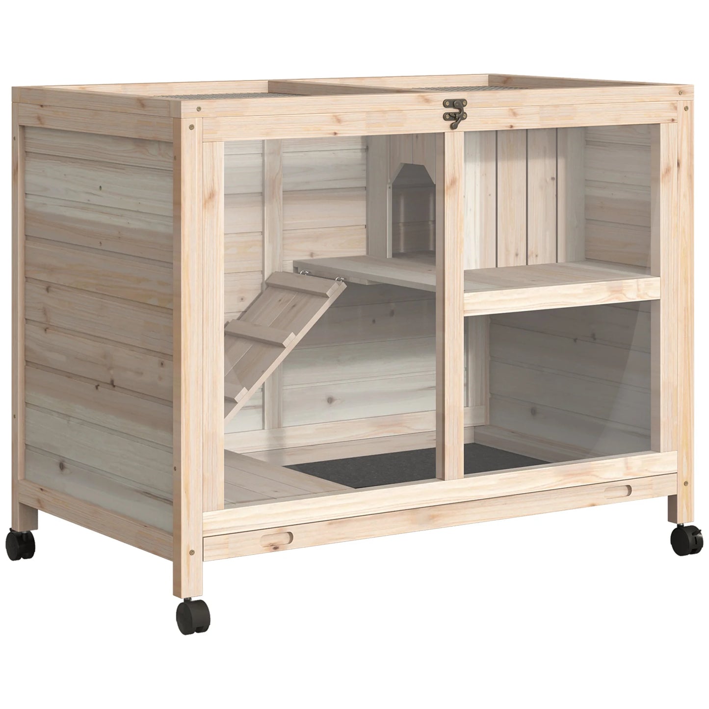 Rabbit Cage, Mobile Wooden Pet Hutch with Wheels, Indoor Bunny Cage with Openable Top, Ramp & Removable Tray for Small Animals Farm Animal Supplies Easy Clean Tray & Multi-Level Platforms
