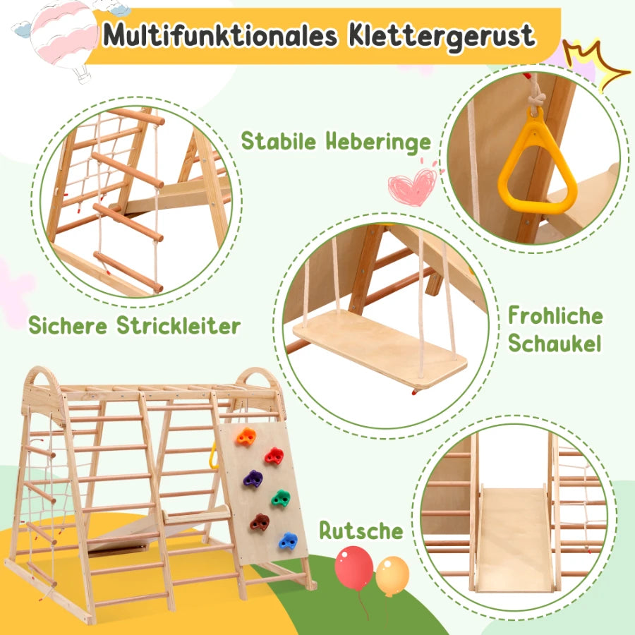 7 multifunctional 1 climbing Structure, made of solid drink, plywood and beech. Includes a swing, ladder, slide, climbing net, sockets and rings. Can also serve as shelter under tent.
