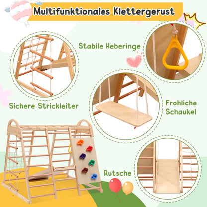 7 multifunctional 1 climbing Structure, made of solid drink, plywood and beech. Includes a swing, ladder, slide, climbing net, sockets and rings. Can also serve as shelter under tent.