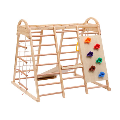 7 multifunctional 1 climbing Structure, made of solid drink, plywood and beech. Includes a swing, ladder, slide, climbing net, sockets and rings. Can also serve as shelter under tent.