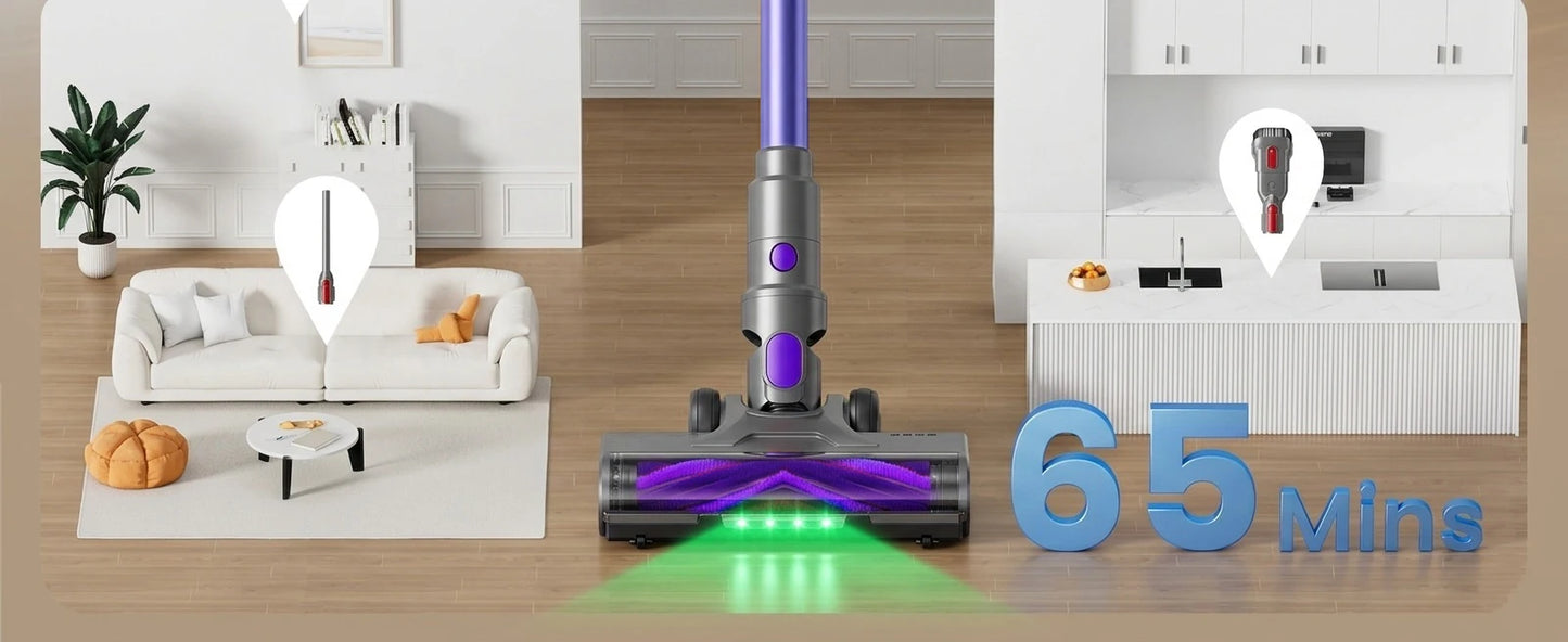 Blossom V20 Cordless Vacuum Cleaner, 650W Brushless Motor, 55KPa Powerful Suction, 65Min Runtime, Green LED Light, for Pet Hair Hardwood Carpet