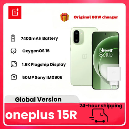 Smartphone OnePlus 15R 5G AI, 12 GB RAM, 256 GB ROM, 6.83-inch AMOLED display, 7400 mAh battery, IP68 water resistant, with 80 W charger