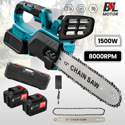 1500W 12Inch Cordless Chainsaw Brushless Lithium Battery Powered Household Woodworking Electric Efficient Handheld Cutting Power Tool with Makita 21V Battery