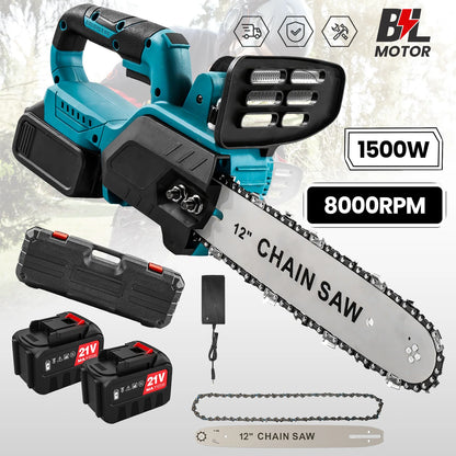 1500W 12Inch Cordless Chainsaw Brushless Lithium Battery Powered Household Woodworking Electric Efficient Handheld Cutting Power Tool with Makita 21V Battery