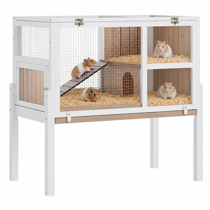 HiMISS Guinea Pig Cages Indoor, Wooden Guinea Pig Cages with Stand Rabbit Cage Hutch with Ramp and Hideout, Small Animals Cage Habitat with Not Leakage Pull Out Tray