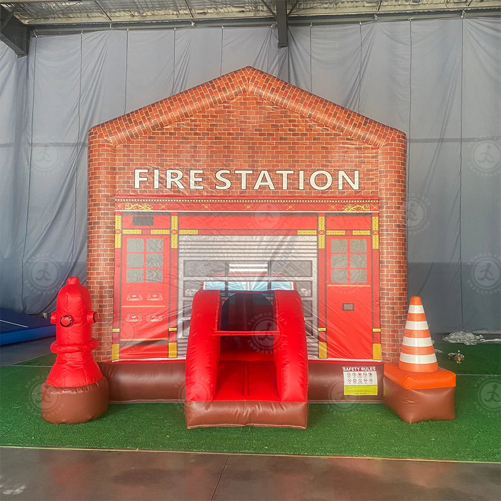 16ft Large PVC Inflatable Fire Station House Combo Wet/Dry Jumping Firehouse Bouncy Castle For Kids Outdoor Party Event