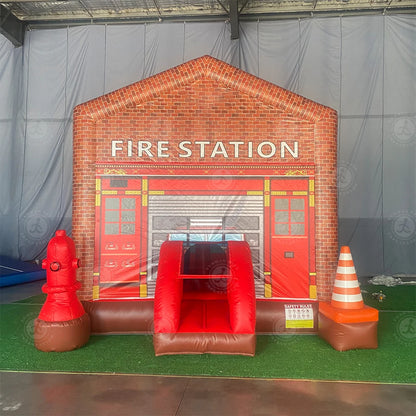 16ft Large PVC Inflatable Fire Station House Combo Wet/Dry Jumping Firehouse Bouncy Castle For Kids Outdoor Party Event