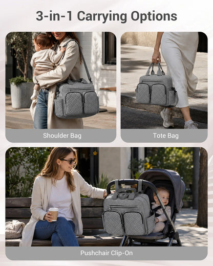 KONO Baby Diaper Bag, stylish and versatile for moms and dads, travel bag with insulated pockets for bottles and snacks