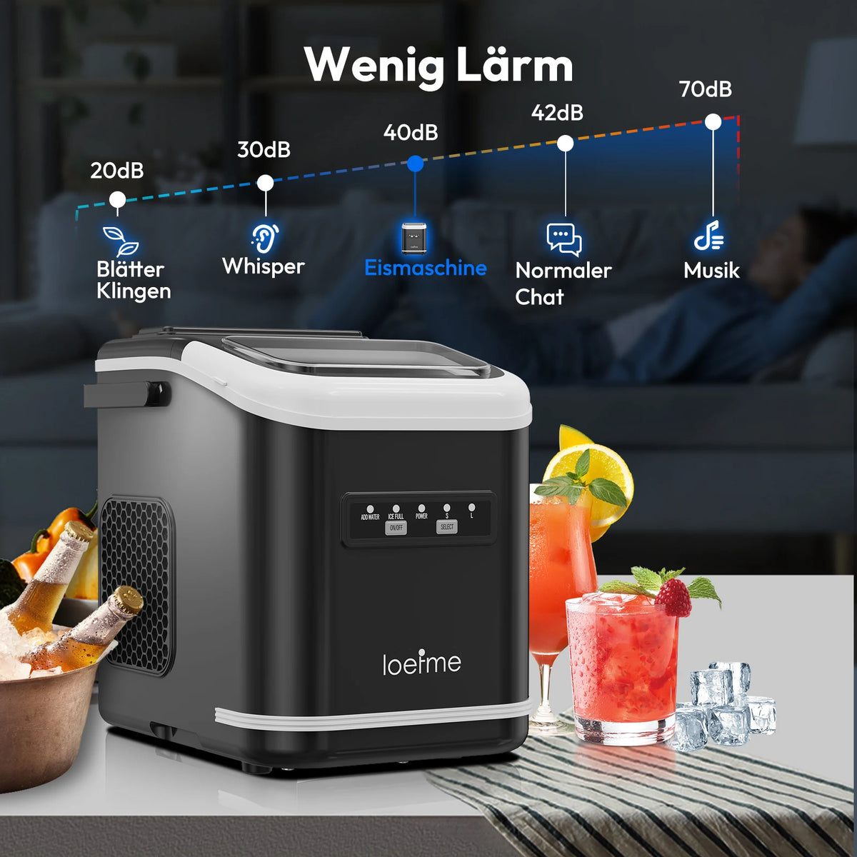 LOEFME Portable Ice Maker 12kg/24h 9 Ice Cubes in 6-13 Min LED Display with Adjustable Ice Size 1.4L Water Tank for Home
