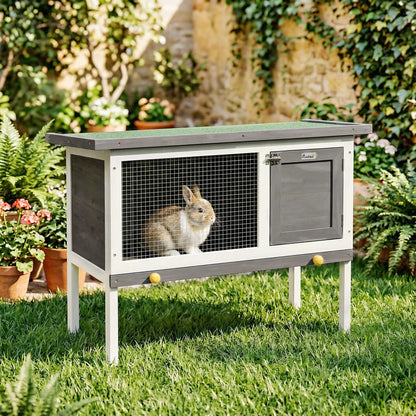 Rabbit Cage, Elevated Wooden Pet Cage for Small Animals, Outdoor Bunny Hutch with Removable Tray, Openable Top & Lockable Door Pet Cage for Small Animals