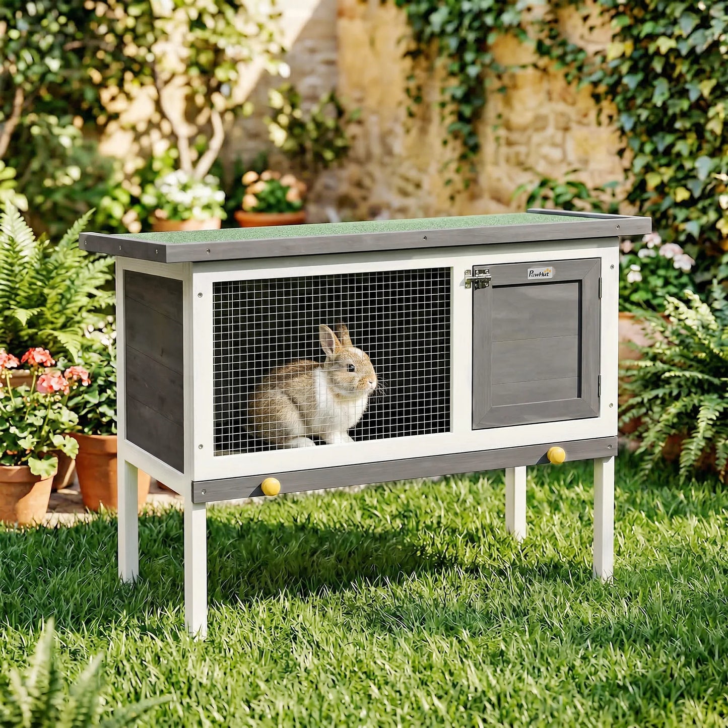 Rabbit Cage, Elevated Wooden Pet Cage for Small Animals, Outdoor Bunny Hutch with Removable Tray, Openable Top & Lockable Door Pet Cage for Small Animals
