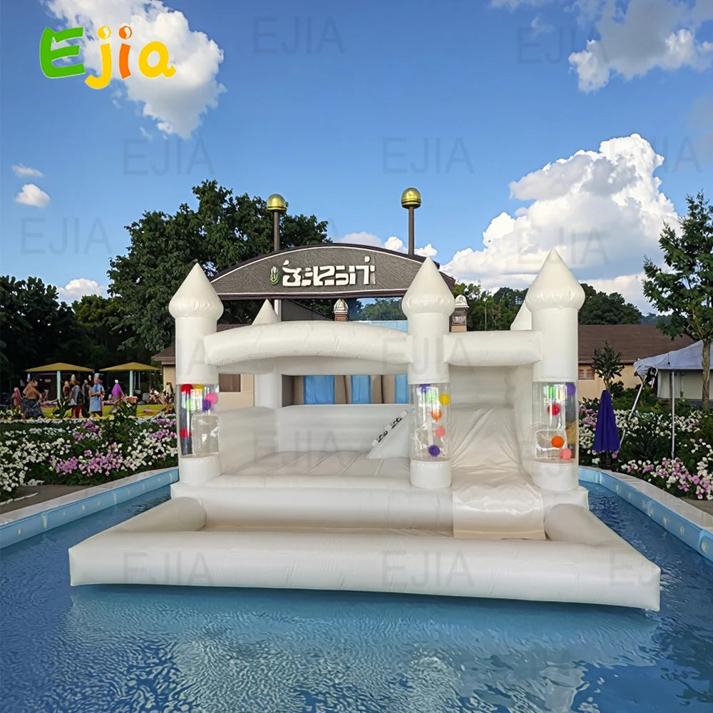 Newly 15ft  Inflatable Bounce House With Balloon Durable PVC White Jumping Castle with Slide, Ball Pit Bounce House For Party