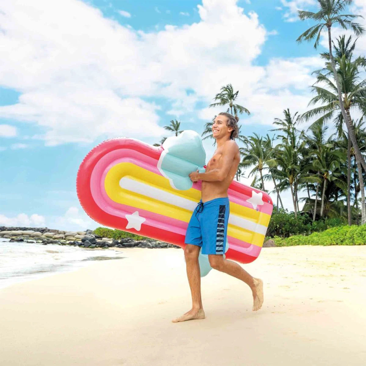Colorful Rainbow Inflatable Mat Size 175X117X20Cm Maximum Capacity 100kg Resistant Material Safety Valves Design with Clouds and Stars Lightweight Foldable for Pool Beach Lake Fun and Aquatic Relaxation Adults Summer