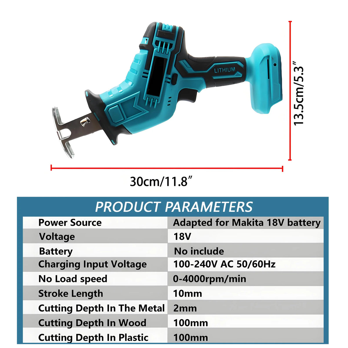100mm Cordless Electric Reciprocating Saw 3000rpm Variable Speed Metal Wood Cutting Tool Electric Saw For Makita 18V Battery