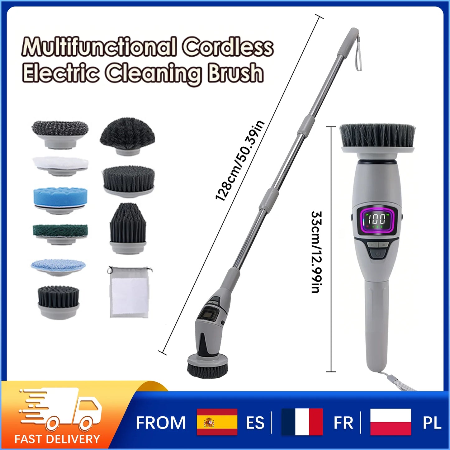 Rechargeable Electric Spin Scrubber, 3 Speed Settings, with Extendable Handle and Voice Prompts, for Whole House Clean