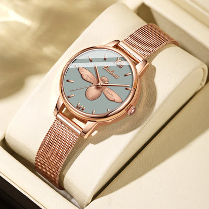 Women’s Quartz Watch, Elegant Ladies’ Wristwatch with Stainless Steel Mesh Band, 3ATM Water Resistant, 30mm Gray Dial, Rose-Gold Fashion Design with 3D Bee, Comes in a Gift Box—Perfect for Women at the Office or for Eve