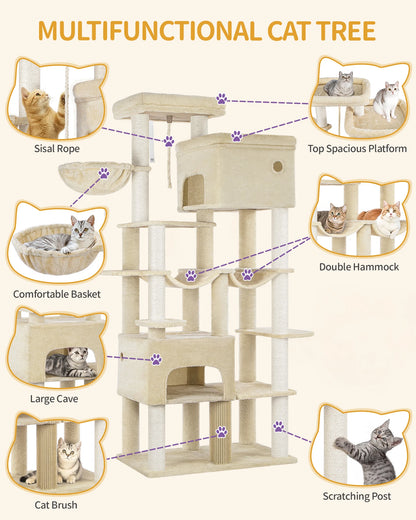 200cm XXL cat tree with 10 scratching posts, 2 caves, 2 hammocks, large platform,basket,for Maine Coons,large cats, beige