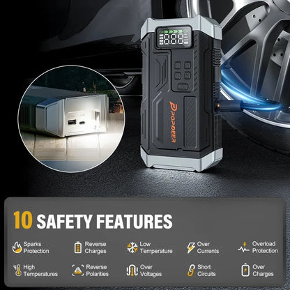 POPDEER PD-JA3 5000A 4-in-1 Jump Starter, 150PSI Air Compressor, 12V USB Powerbank with LCD Display, 10L Gas/8L Diesel
