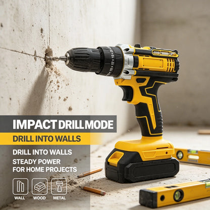 Yellow 3‑in‑1 Cordless Impact Drill Multifunctional Electric Hammer Drill Screwdriver Rechargeable Power Drill For Wood Metal Concrete Drilling