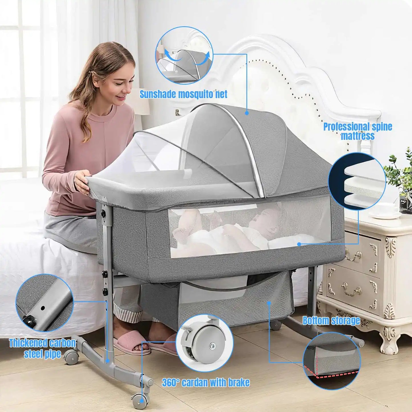 Baby Crib 3 in 1 Baby Bed Bedside Crib Baby Playpen 0-3 years child multi-function folding and lifting With Mosquito Net & Wheel
