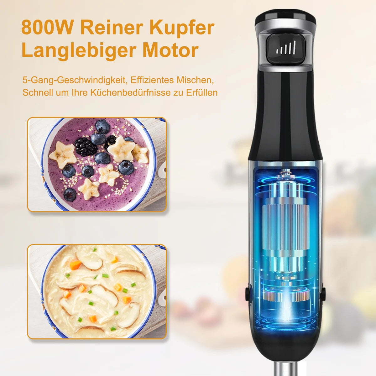 6 in 1 Handheld hand Immersion Blender - Stainless Steel Stick Blender with 5 Speed, Chopper, Whisk And Milk Frother