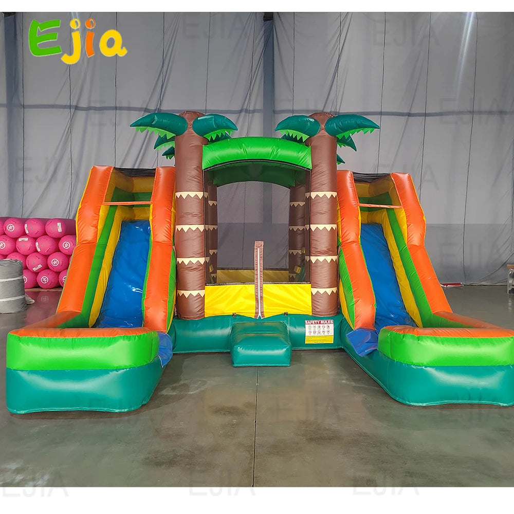 5m PVC  Inflatable Bounce House Tropical Double Water Slide Combo  Wet& Dry Jump Bouncy House Castle For Outdoor Party Rental