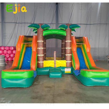 5m PVC  Inflatable Bounce House Tropical Double Water Slide Combo  Wet& Dry Jump Bouncy House Castle For Outdoor Party Rental