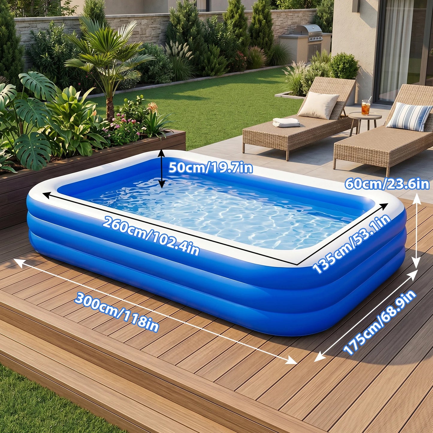 3M/2.6M Family Inflatable Rectangular Pool for Family Gatherings Parties Garden Leisure Durable PVC Outdoor Backyard Swimming Pool