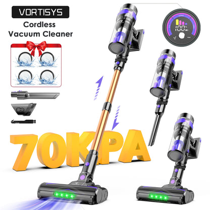 Cordless Vacuum Cleaner 70KPA/500W, Stick Vacuum Cleaner with LED Display, Anti-Tangle Brush, 1.3L Dust Cup, 3-Mode Suction, 5-Layer Filtration, for Pet Hair/Carpets/Hard Floors/Car
