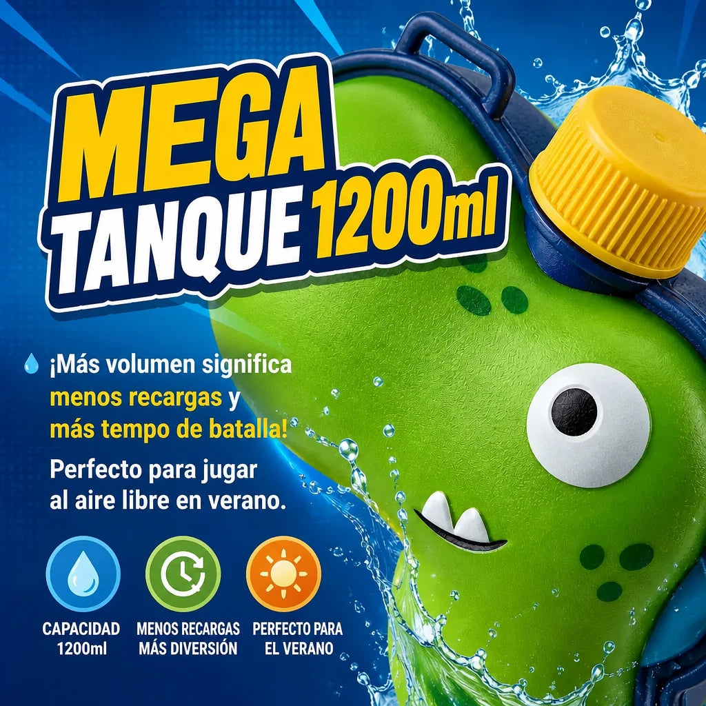 Water Gun with Dinosaur Backpack 1200ml - Outdoor Summer Toy for Children, Large Capacity and Long Range, Ideal for Pool, Beach and Garden - Shipping from Spain