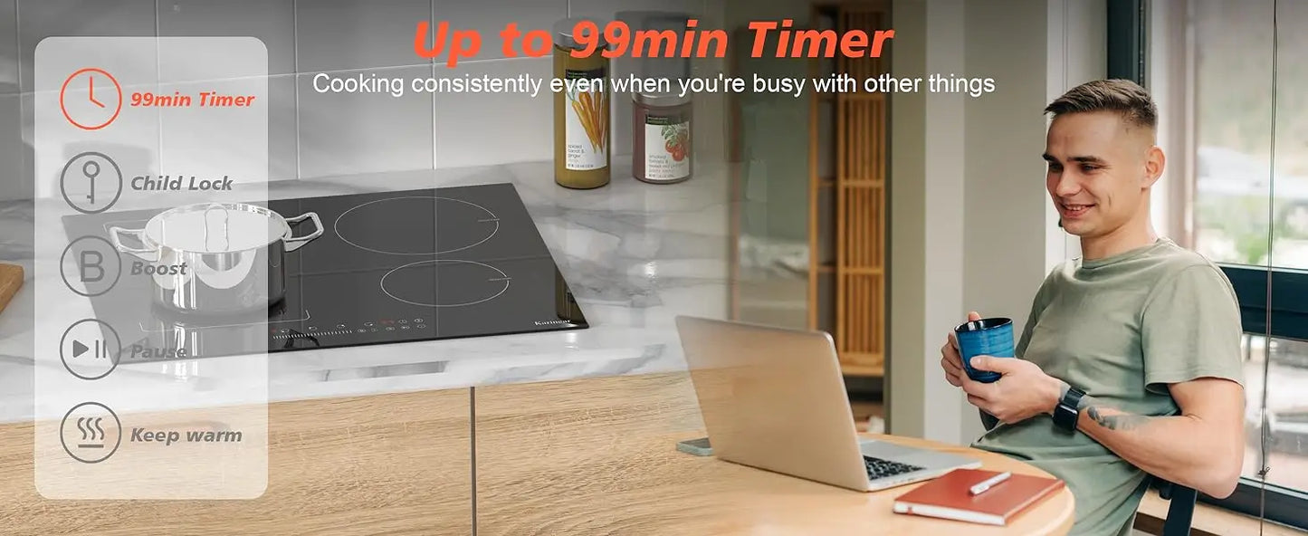 Karinear 4-Burner Induction Hob, 60cm Induction Hob Electric 3500W, Flex Zone, Plug-in Hob, 9 Power, Booster, Timer, 220V Plug