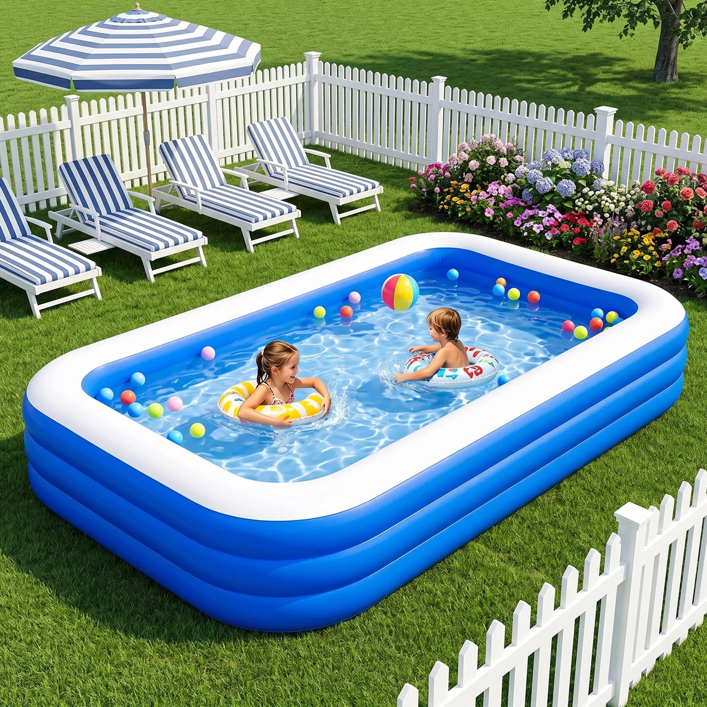 3M/2.6M Family Inflatable Rectangular Pool for Family Gatherings Parties Garden Leisure Durable PVC Outdoor Backyard Swimming Pool