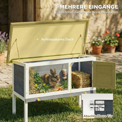 Rabbit Cage, Elevated Wooden Pet Cage for Small Animals, Outdoor Bunny Hutch with Removable Tray, Openable Top & Lockable Door Pet Cage for Small Animals