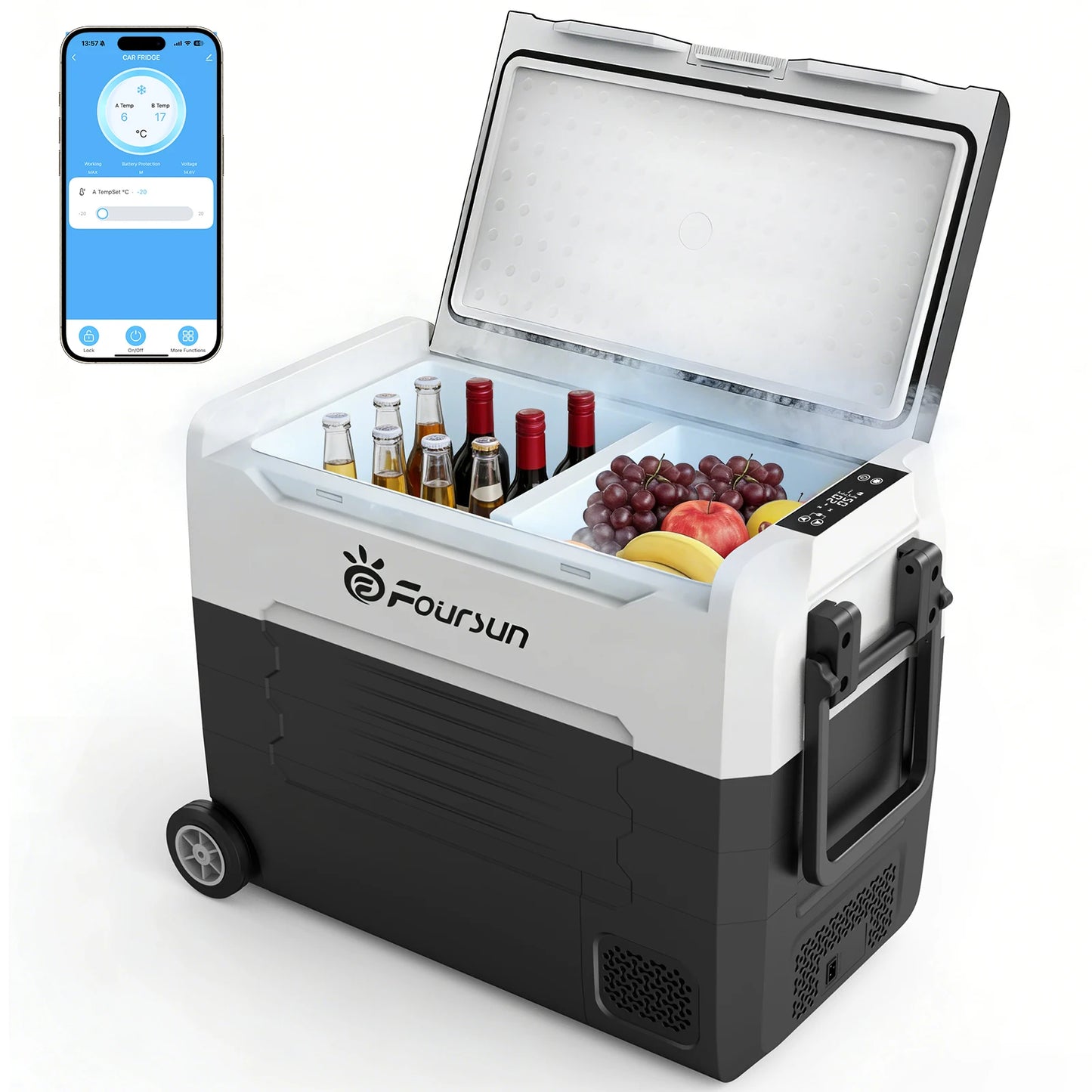 Foursun 21L/25L/35L/45L/55L Portable Compressor Car Fridge Freezer with Bluetooth App Control, for Camping, Travel, Home, DC 12V/24V & AC 100-240V