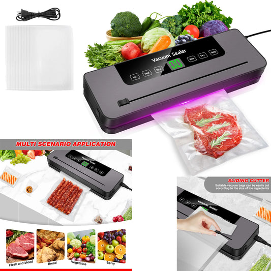 6-in-1 vakuuminis pakavimo aparatas, 6 režimų daugiafunkcinis maisto vakuuminis pakavimo aparatas su 10 vnt. vakuuminių maišelių, 30 cm ilgesnis sandariklis su įmontuotu pjaustytuvu, išlaiko šviežią mėsą, daržoves, užkandžius, vaisius ir grūdus