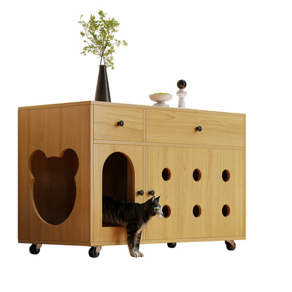 Wooden cat litter box cabinet/cat bed with drawers and wheels, multi-functional cat house furniture/portable cat toilet/storage cabinet, effectively controls odors, suitable for indoor cat house decoration.