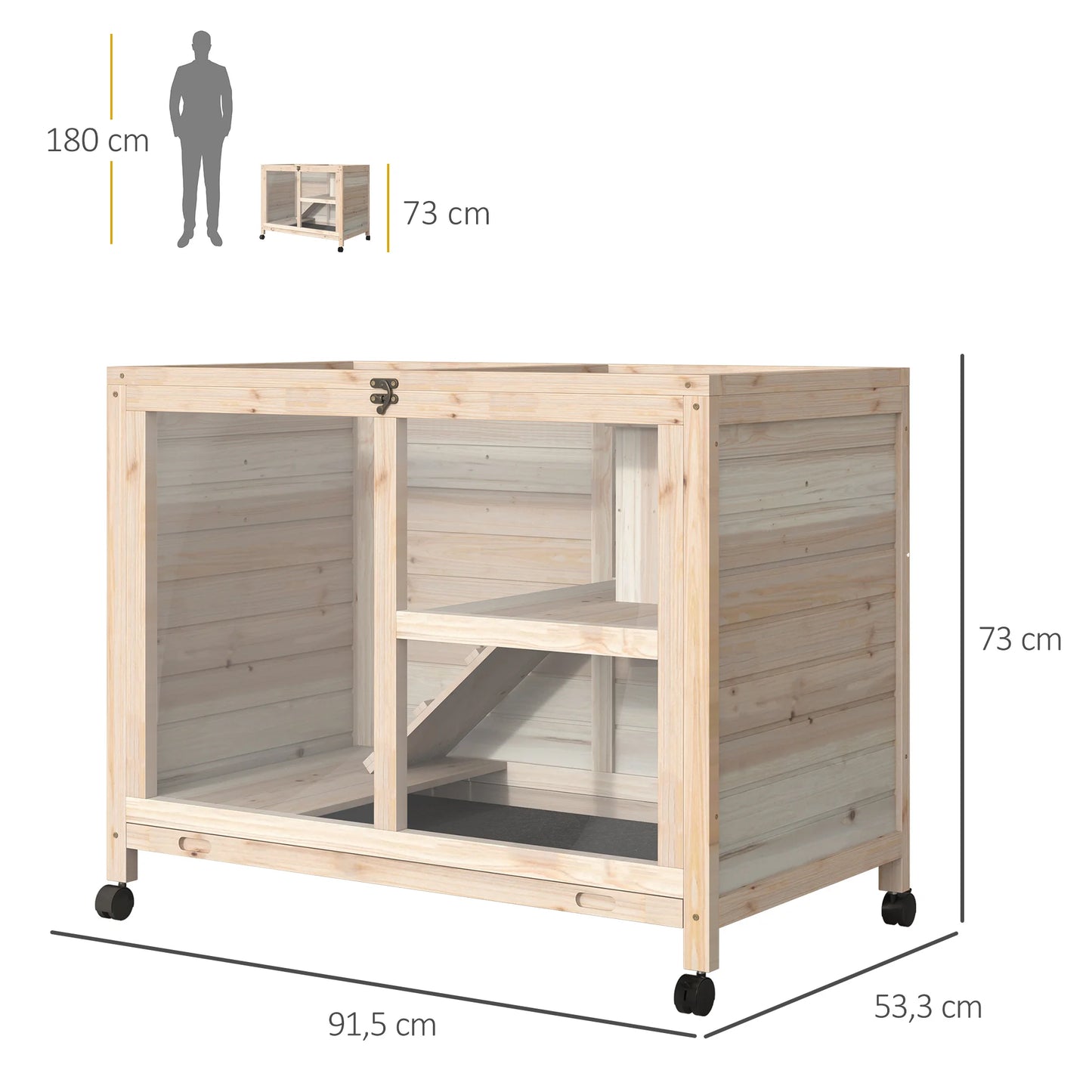 Rabbit Cage, Mobile Wooden Pet Hutch with Wheels, Indoor Bunny Cage with Openable Top, Ramp & Removable Tray for Small Animals Farm Animal Supplies Easy Clean Tray & Multi-Level Platforms