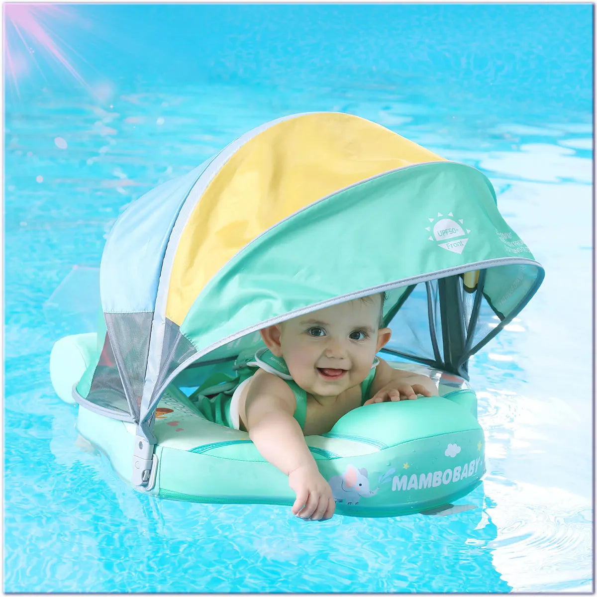 Mambobaby Animal Float Non-Inflatable Safe Solid Core Baby Swimming Buoy Water Trainer Infant Pool Floator Swim Ring with Canopy