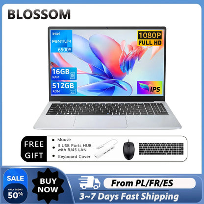 Blossom 17.3" 6500Y Laptop, Intel N5095 Processor, 16GB RAM 512GB/1TB SSD, Lightweight Portable Notebook, Backlit Keyboard, Windows 11 Pro