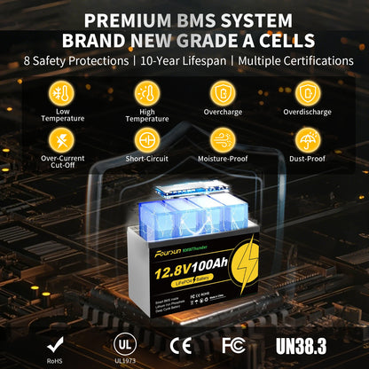 Foursun 12V 100Ah/200Ah/300Ah LiFePO4 Battery with Low-Temp BMS Protection, 4500+ Cycles for Motorhome/Solar/Camping