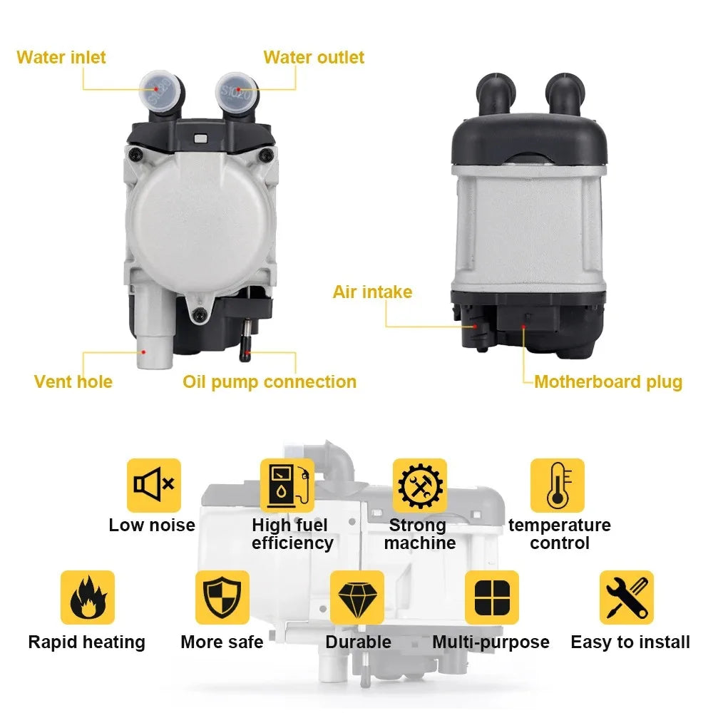 12V 6KW Diesel Heater One/Two-Way Remote Control LCD Switch Parking Heater Brushless Water Pump Diesel Heating for Car Van Trucks Engine Preheating