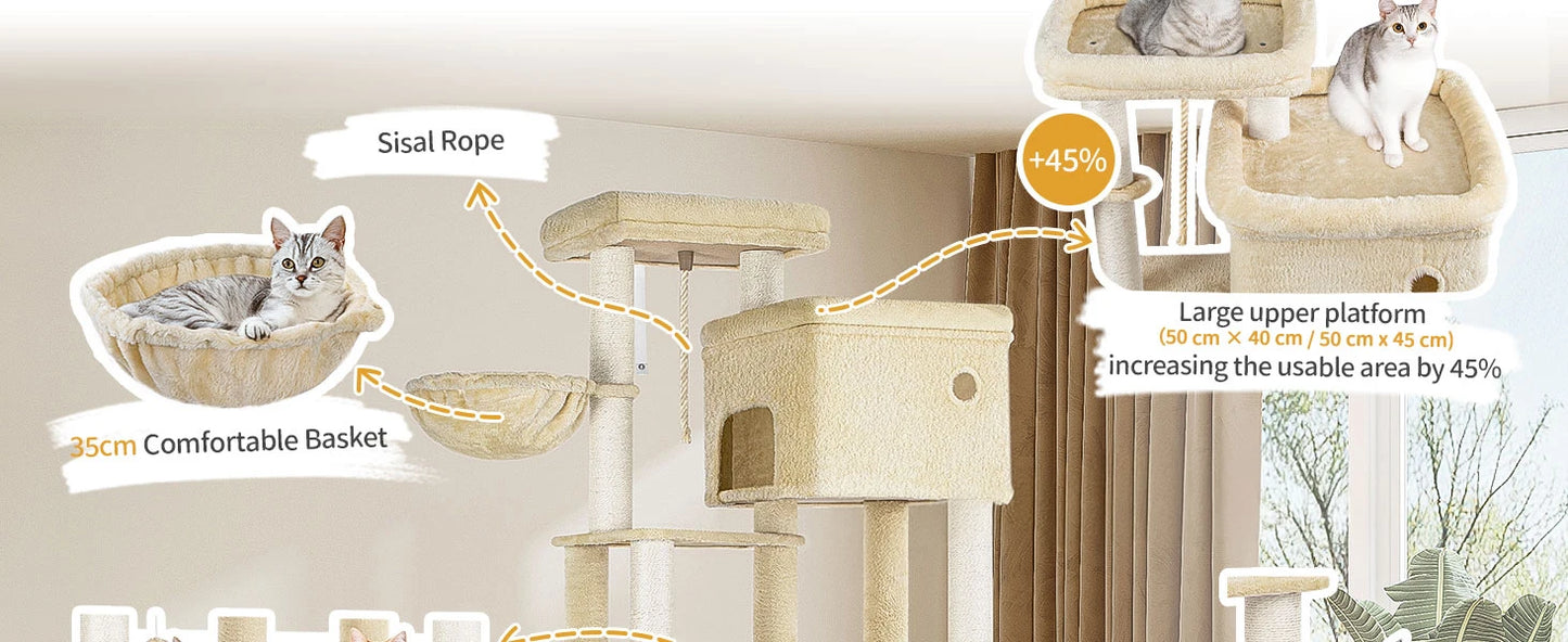 200cm XXL cat tree with 10 scratching posts, 2 caves, 2 hammocks, large platform,basket,for Maine Coons,large cats, beige