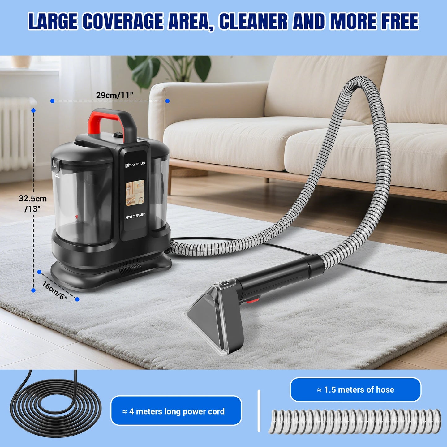 450W High Power Wet Vacuum Cleaner with 15000Pa Strong Suction, Dry-Wet Mop Vacuum, 1.2L Clean Water Tank + 0.6L Dirty Water Tank, for Carpet, Sofa, Upholstery, Car Interior Cleaning, Home and Vehicle Use