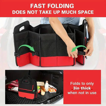Universal Large Trunk Organizer For Car, Collapsible Multi Compartment Trunk Storage Bag With 2 Retractable Straps