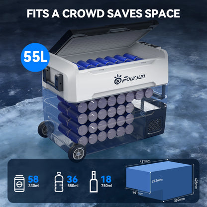 Foursun 21L/25L/35L/45L/55L Portable Compressor Car Fridge Freezer with Bluetooth App Control, for Camping, Travel, Home, DC 12V/24V & AC 100-240V