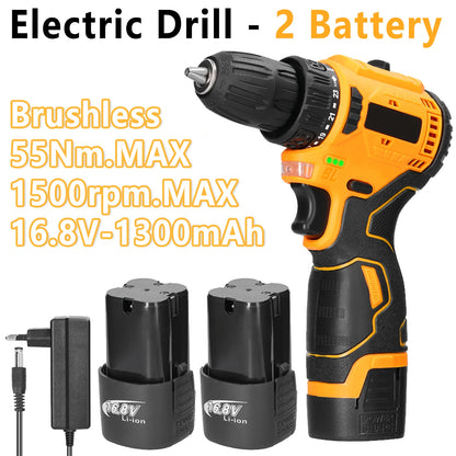 2in1 Brushless Electric Screwdriver Drill  55\45Nm Torque Cordless Speed Regulation Handheld Lithium Driver Dril with 2 Battery