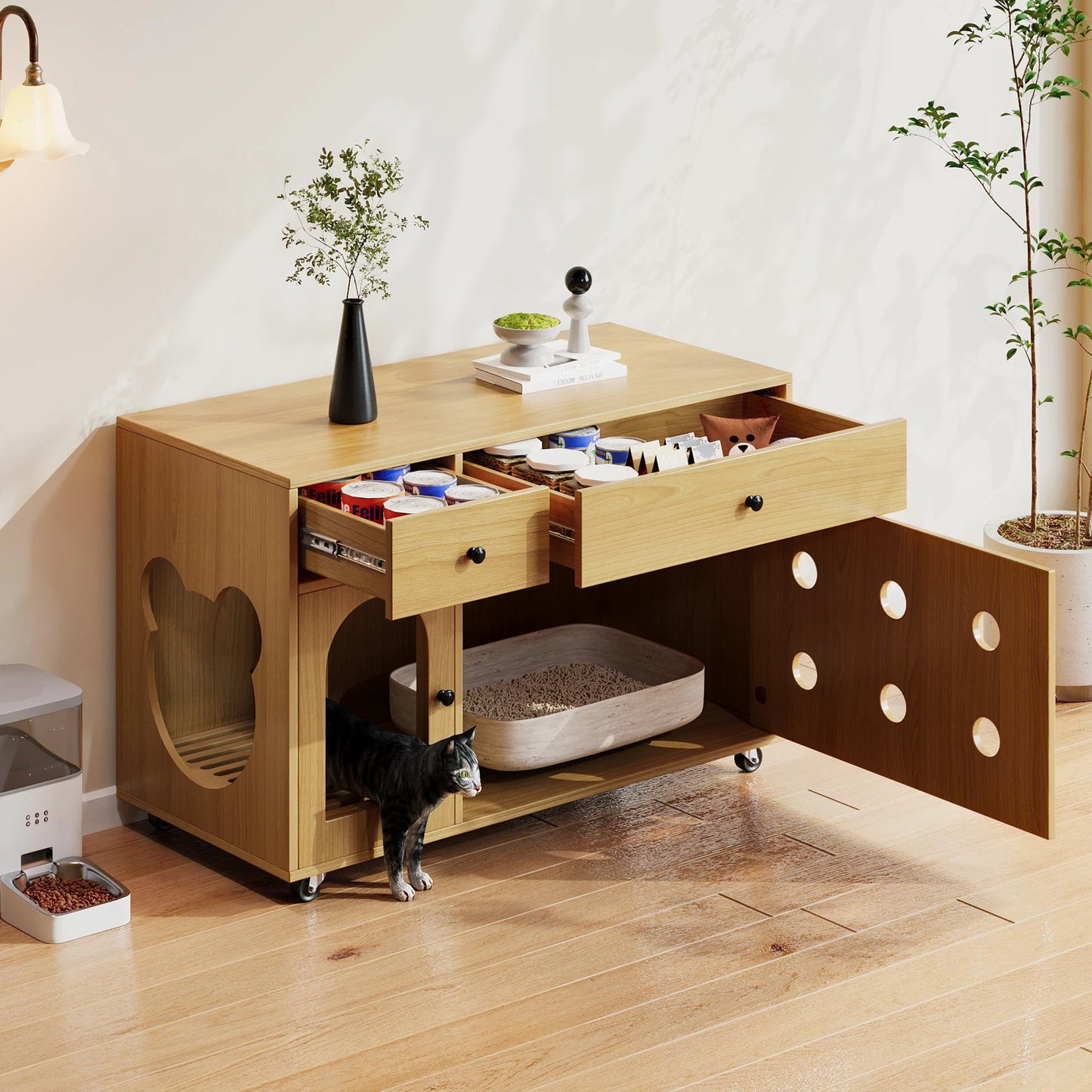 Wooden cat litter box cabinet/cat bed with drawers and wheels, multi-functional cat house furniture/portable cat toilet/storage cabinet, effectively controls odors, suitable for indoor cat house decoration.