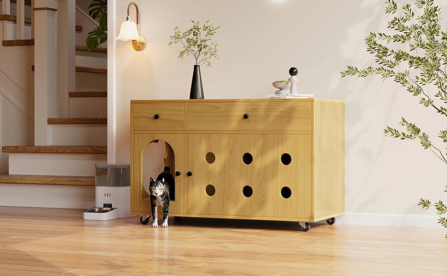 Wooden cat litter box cabinet/cat bed with drawers and wheels, multi-functional cat house furniture/portable cat toilet/storage cabinet, effectively controls odors, suitable for indoor cat house decoration.